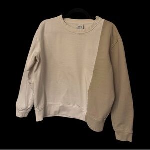 Zara White and Tan Crew Neck Sweater